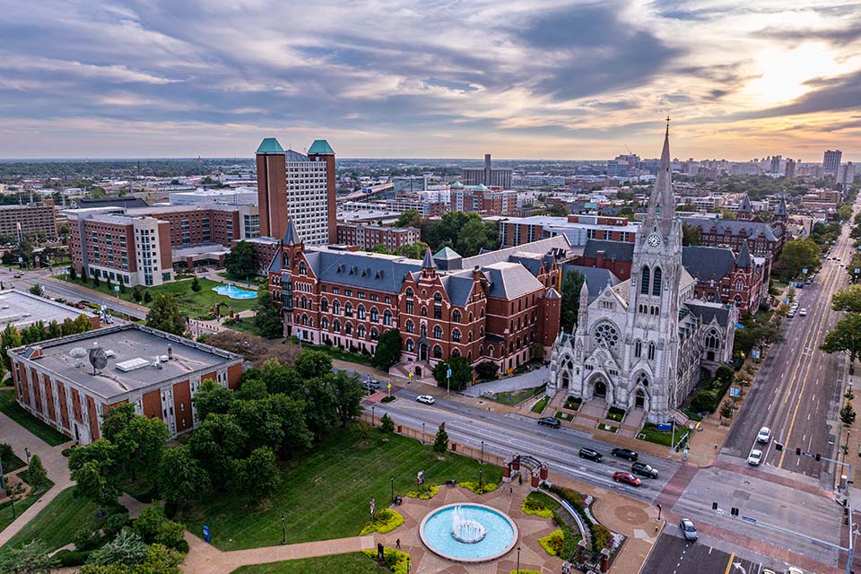 An aerial view of College Church and SLU's campus.