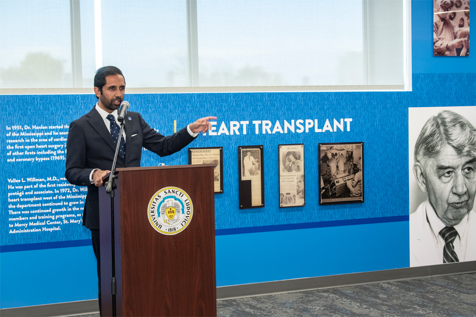 Sameer Siddiqui, M.D., speaks at an event honoring SLU’s team of doctors who performed the first heart transplant in Missouri on February 8, 1972.