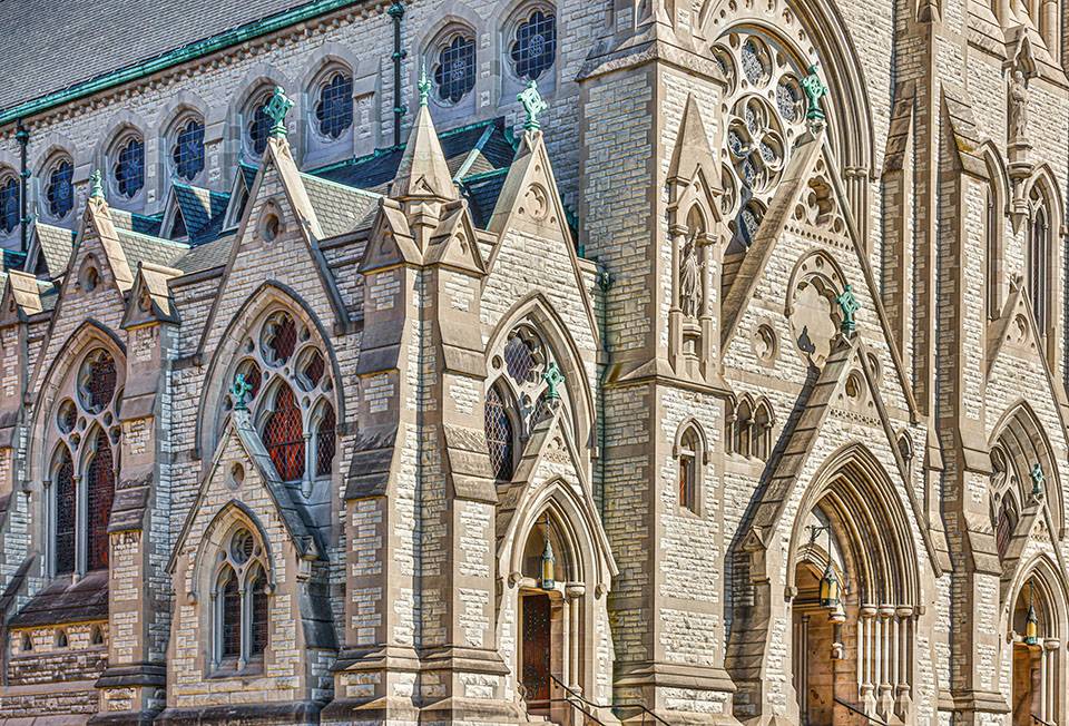 Exterior of College Church with gothic spires and arches