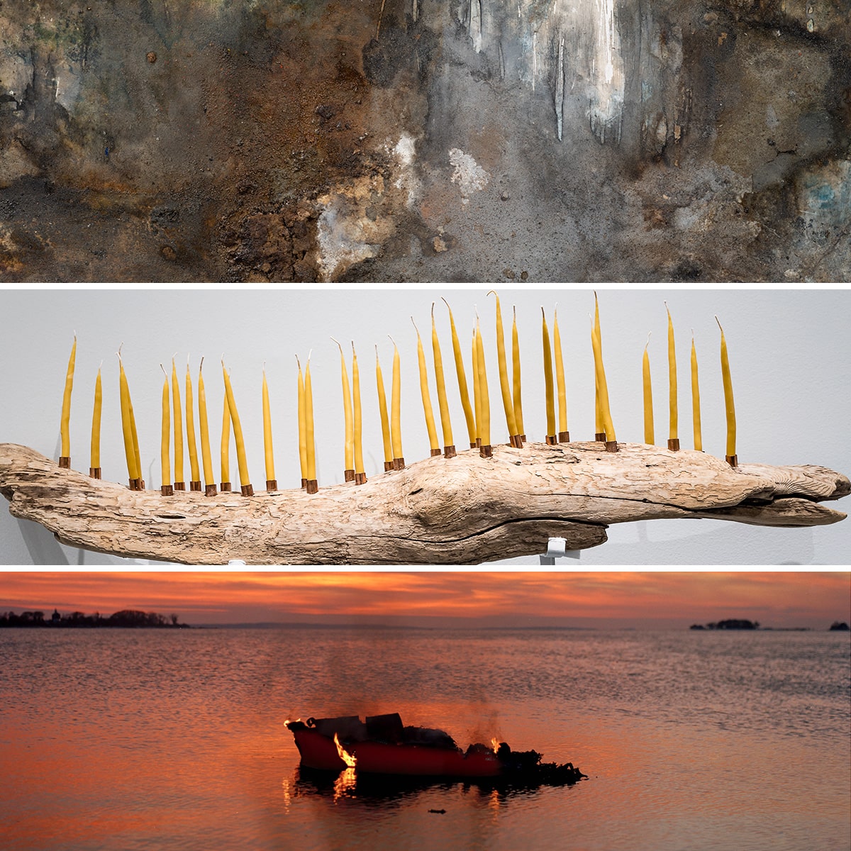 An artwork by Brandon Maldonado depicting a groom and bride in traditional New Mexican wedding attire, a painting by Vicente Telles of Saint Sebastian wounded by arrows, and a self-portrait by Vicente Telles with a bean sack over his head and holding a large can of lard  